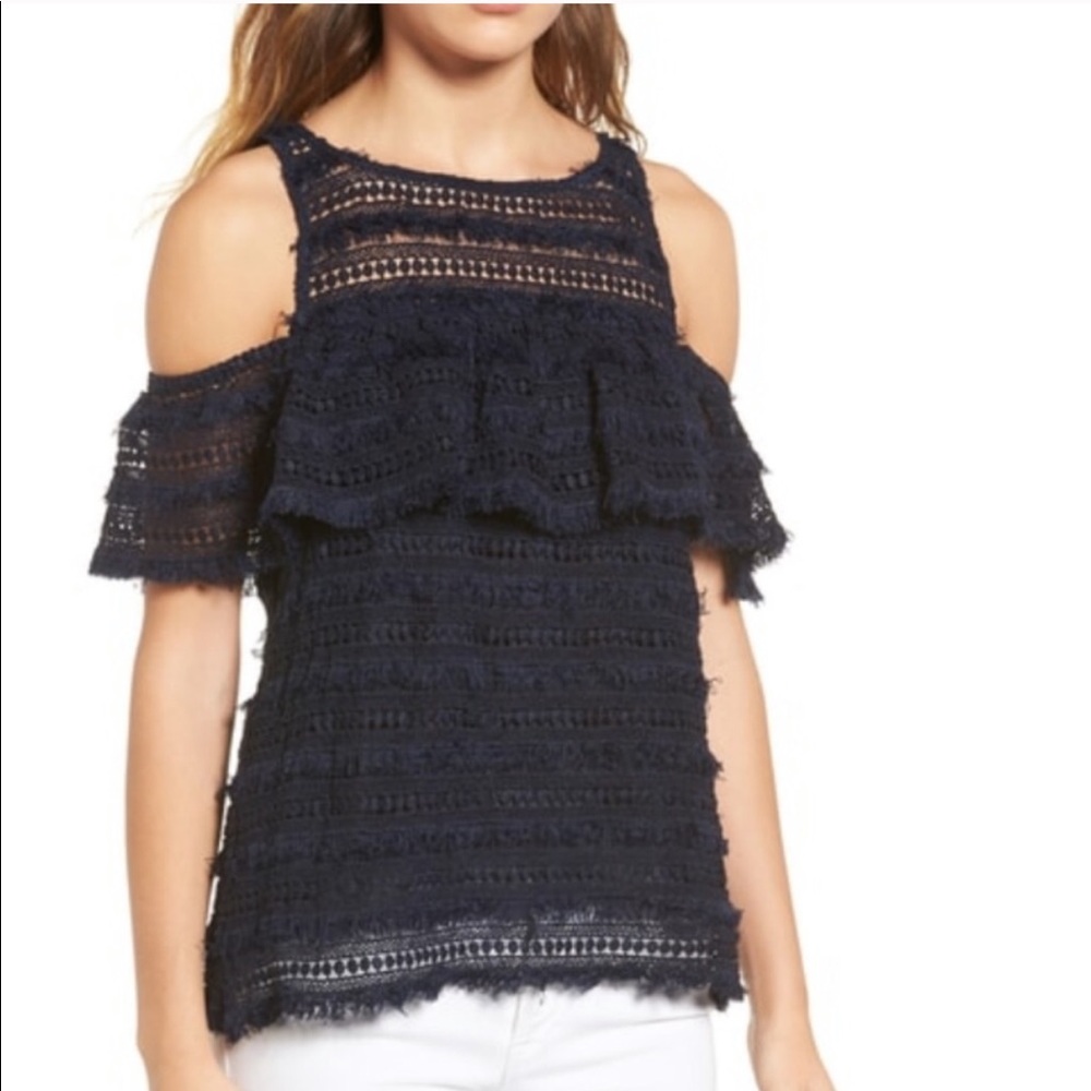 Navy Fringe Lace Cold Shoulder Top Chelsea28